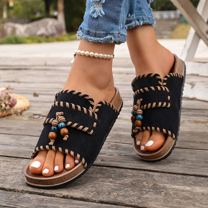 Women's Boho Slide Sandals with Beads and Embroidery – Summer Casual Shoes