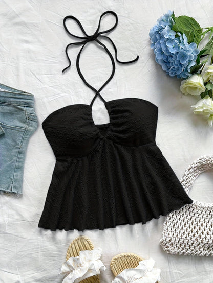 Women's Vintage Halter Babydoll Top with Embroidery – Summer Casual Top