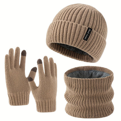 Rib-knit beanie, infinity scarf, and gloves set, black, winter, men’s and women’s