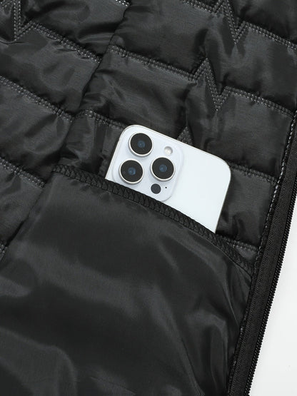 Men's black quilted vest with hood, sleeveless jacket