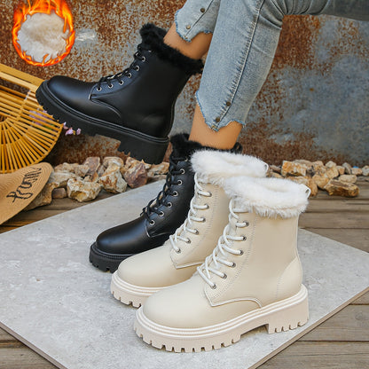 Women's worker boots with faux-fur lining, lacing, and lug soles