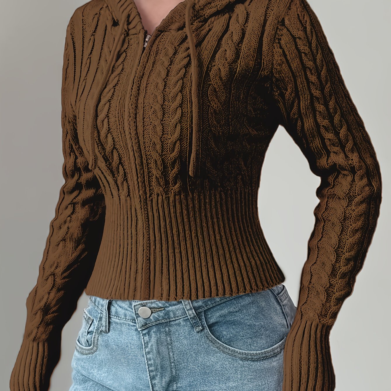 Damen Strickpullover Hoodie Crop Top Zopfmuster Reißverschluss