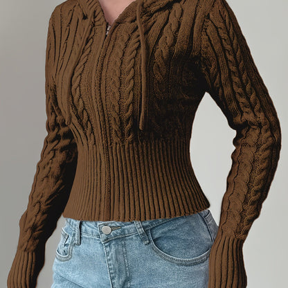 Damen Strickpullover Hoodie Crop Top Zopfmuster Reißverschluss