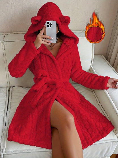 Women's long fluffy bathrobe with hood and ears, lilac purple