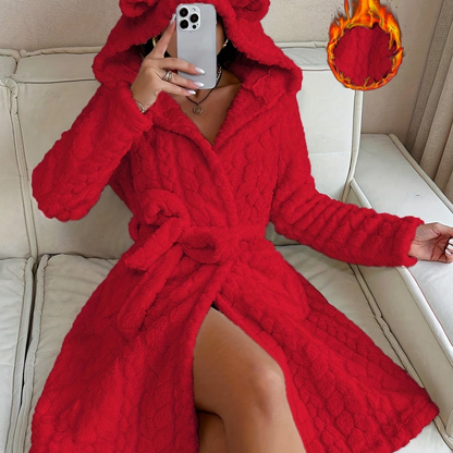 Women's long fluffy bathrobe with hood and ears, lilac purple