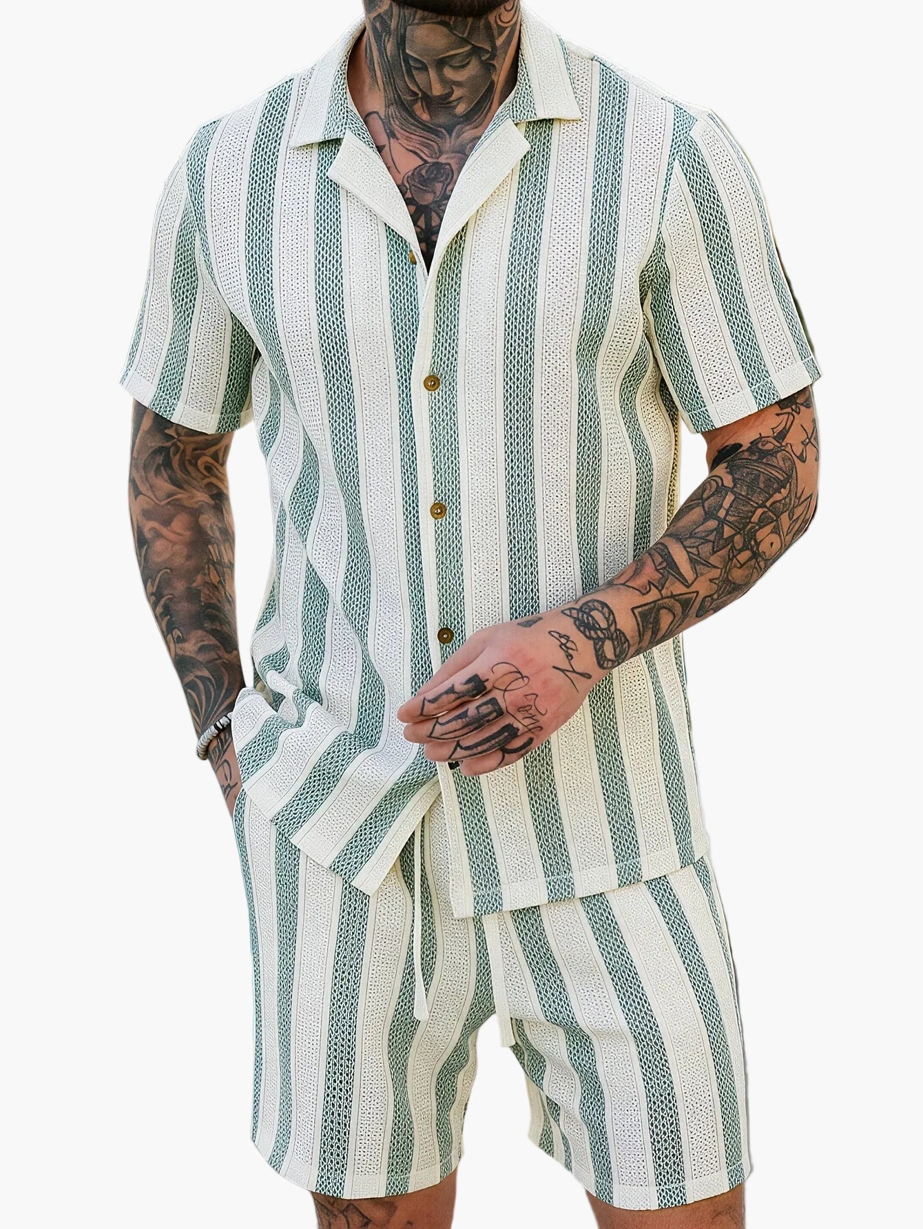 Men's Summer Set – Striped Casual Outfit with Short-Sleeve Shirt and Shorts, Ideal for Vacation & Everyday Wear