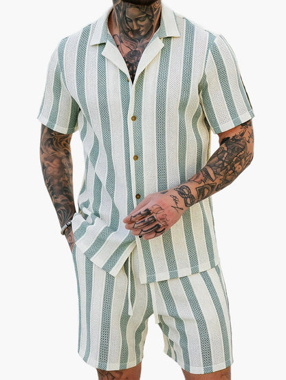 Men's Summer Set – Striped Casual Outfit with Short-Sleeve Shirt and Shorts, Ideal for Vacation & Everyday Wear