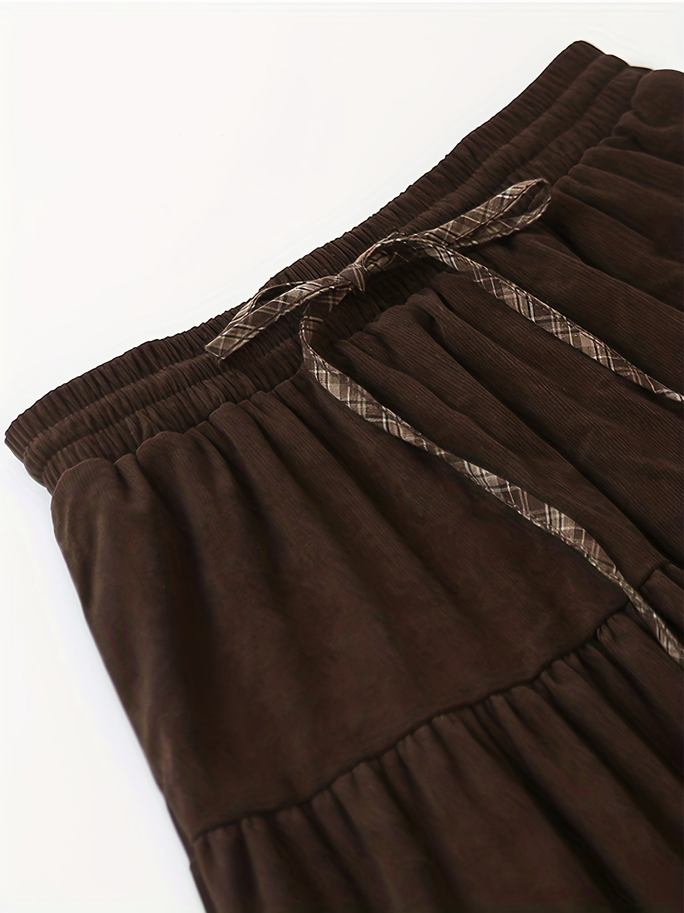 Women's floor-length tiered skirt with a checked underskirt and drawstring