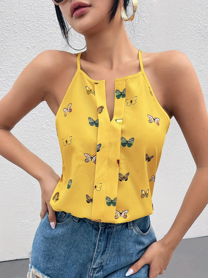 Women's top with butterfly print and spaghetti straps – Elegant summer blouse for leisure and everyday wear