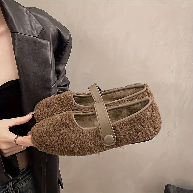 Women's Mary Jane plush-look ballet flats with strap – black, khaki, brown