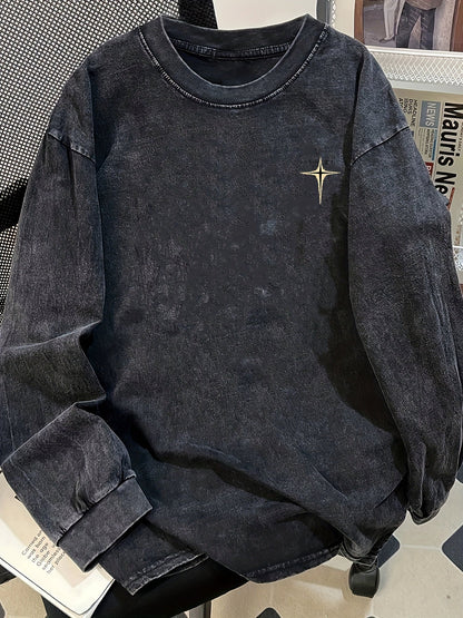 Unisex Langarm-Sweatshirt mit Sternen-Print, Vintage Washed Optik, Rundhalsausschnitt, lockerer Schnitt