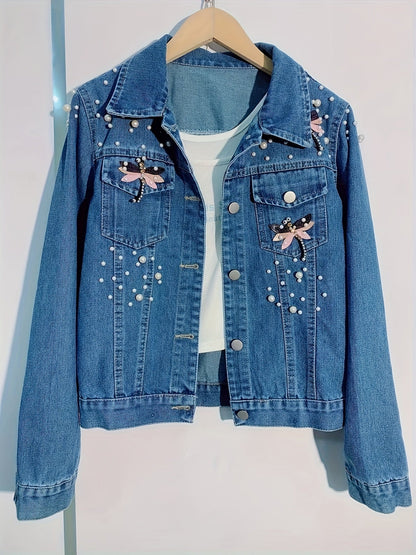 Women's denim jacket with blue pearl embellishments