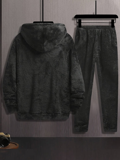 Unisex flannel plush tracksuit in gray with a hood