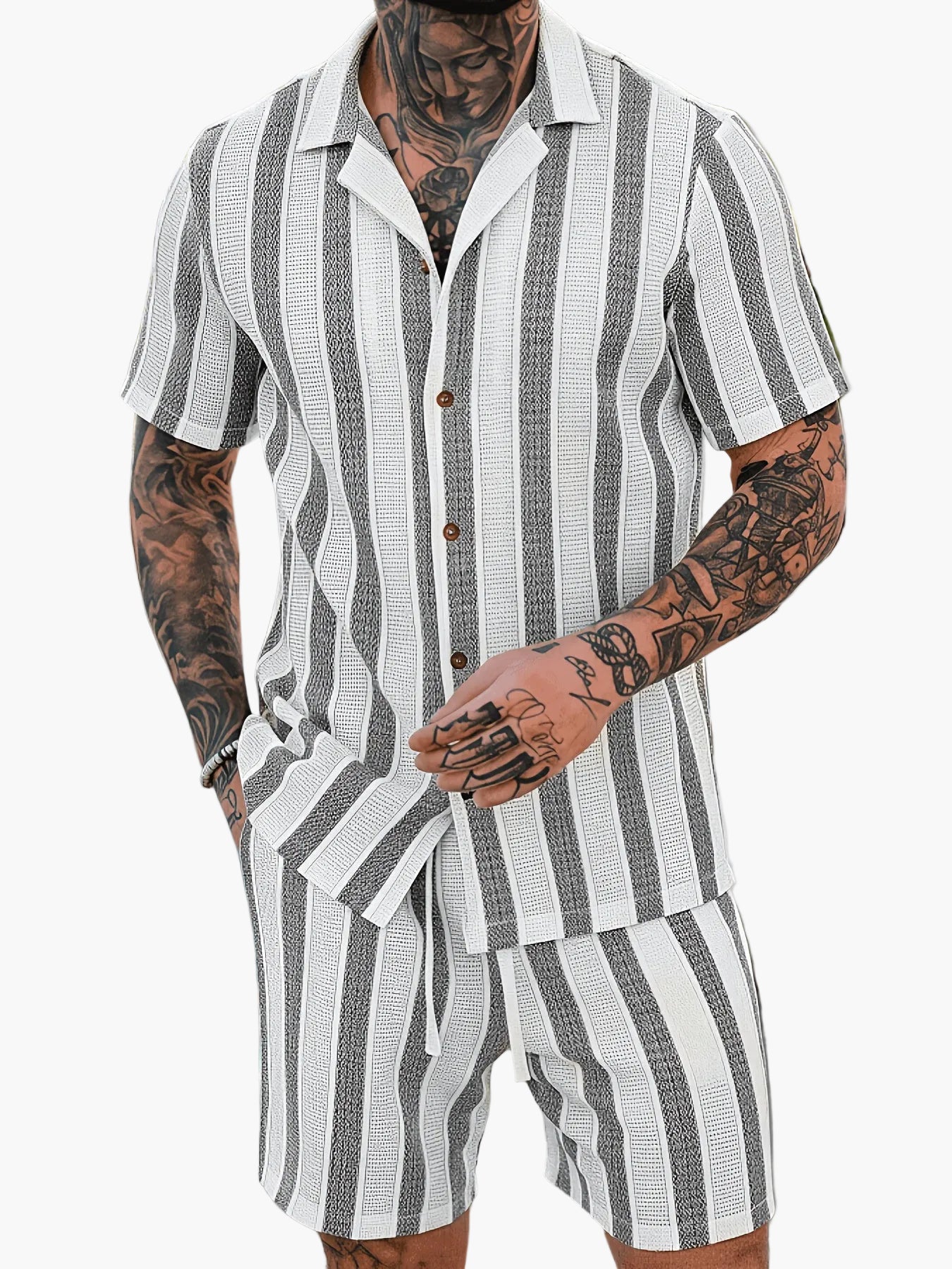 Men's Summer Set – Striped Casual Outfit with Short-Sleeve Shirt and Shorts, Ideal for Vacation & Everyday Wear