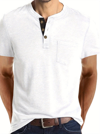 Herren Henley T-Shirt Kurzarm Casual Freizeitshirt mit Knopfleiste und Brusttasche