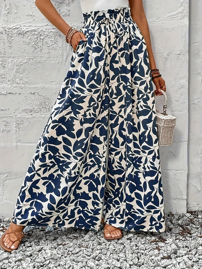 Women's Wide-Leg Pants with Paperbag Waist and Tropical Leaf Print – Perfect for Summer, Leisure & Vacation