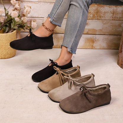 Women's slip-on shoes, bow design, warm-lined casual shoes