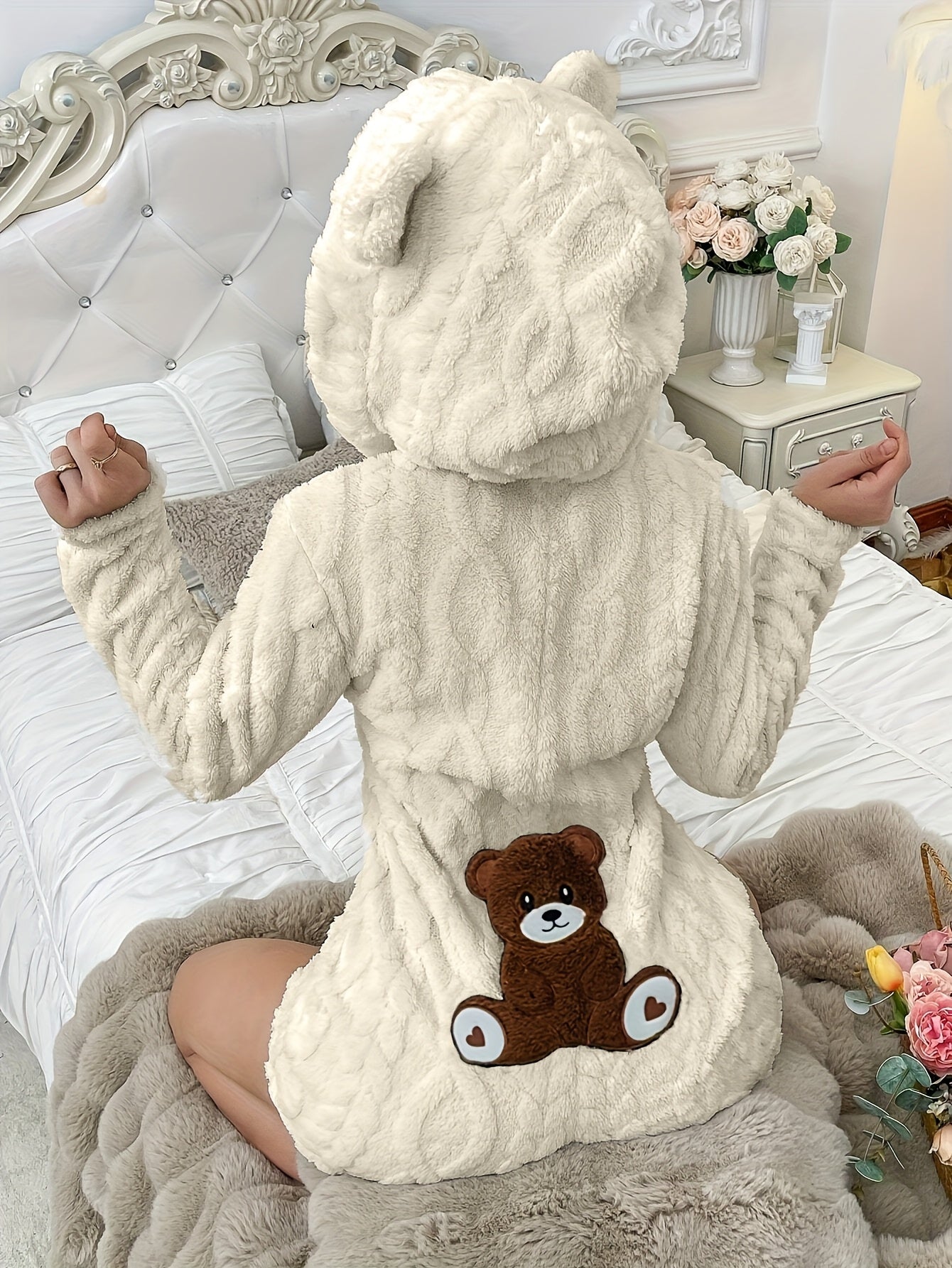 Women's plush hooded onesie pajamas with teddy bear design