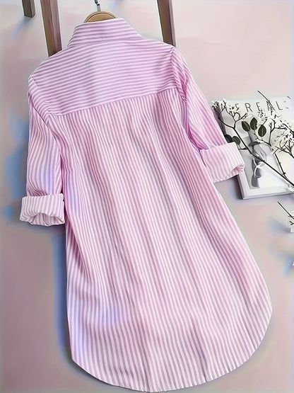 Damen Längsgestreiftes Hemdblusenkleid mit Knopfleiste und Reverskragen – Eleganter Alltags-Look