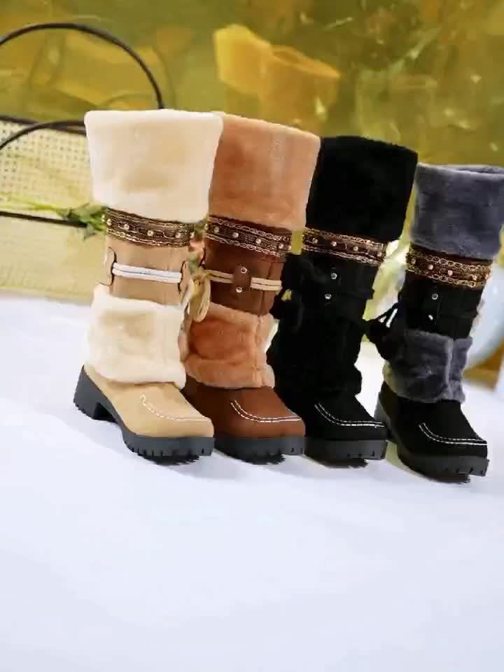 Women's brown winter boots with faux fur, decorative straps & pom-poms