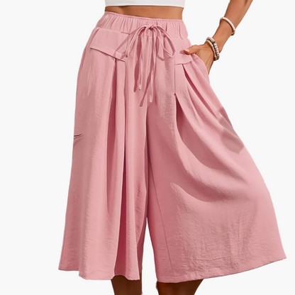 Women's Elegant Wide Summer Culotte Pants with Tie Belt – Fashionable Capri Pants for Leisure and Vacation