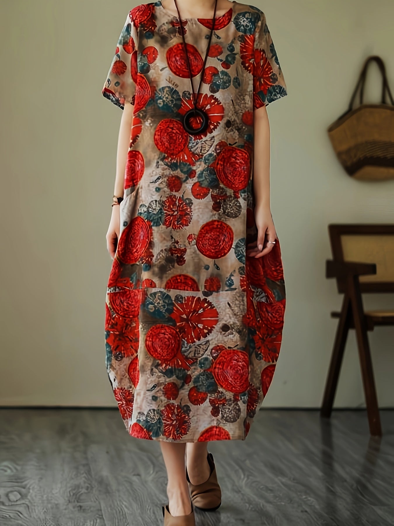 Women's casual dress with geometric print and relaxed fit – short sleeves, casual, ideal for everyday and office use