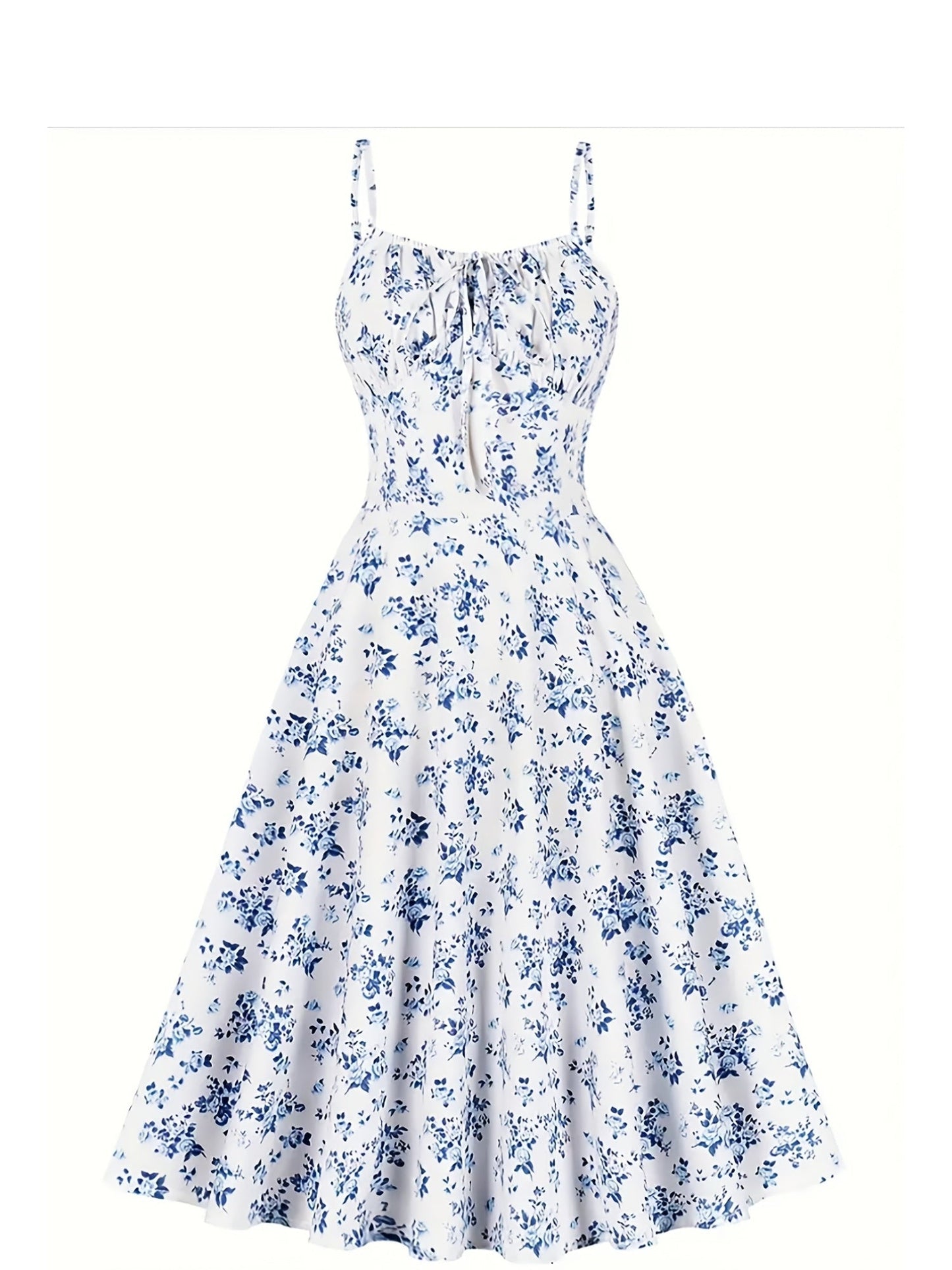 Women's Summer Midi Dress with Floral Pattern and Tie Belt – Elegant A-Line Dress for Everyday Wear and Garden Parties