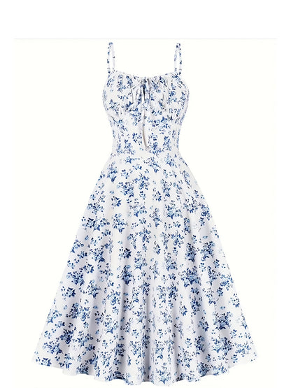 Women's Summer Midi Dress with Floral Pattern and Tie Belt – Elegant A-Line Dress for Everyday Wear and Garden Parties