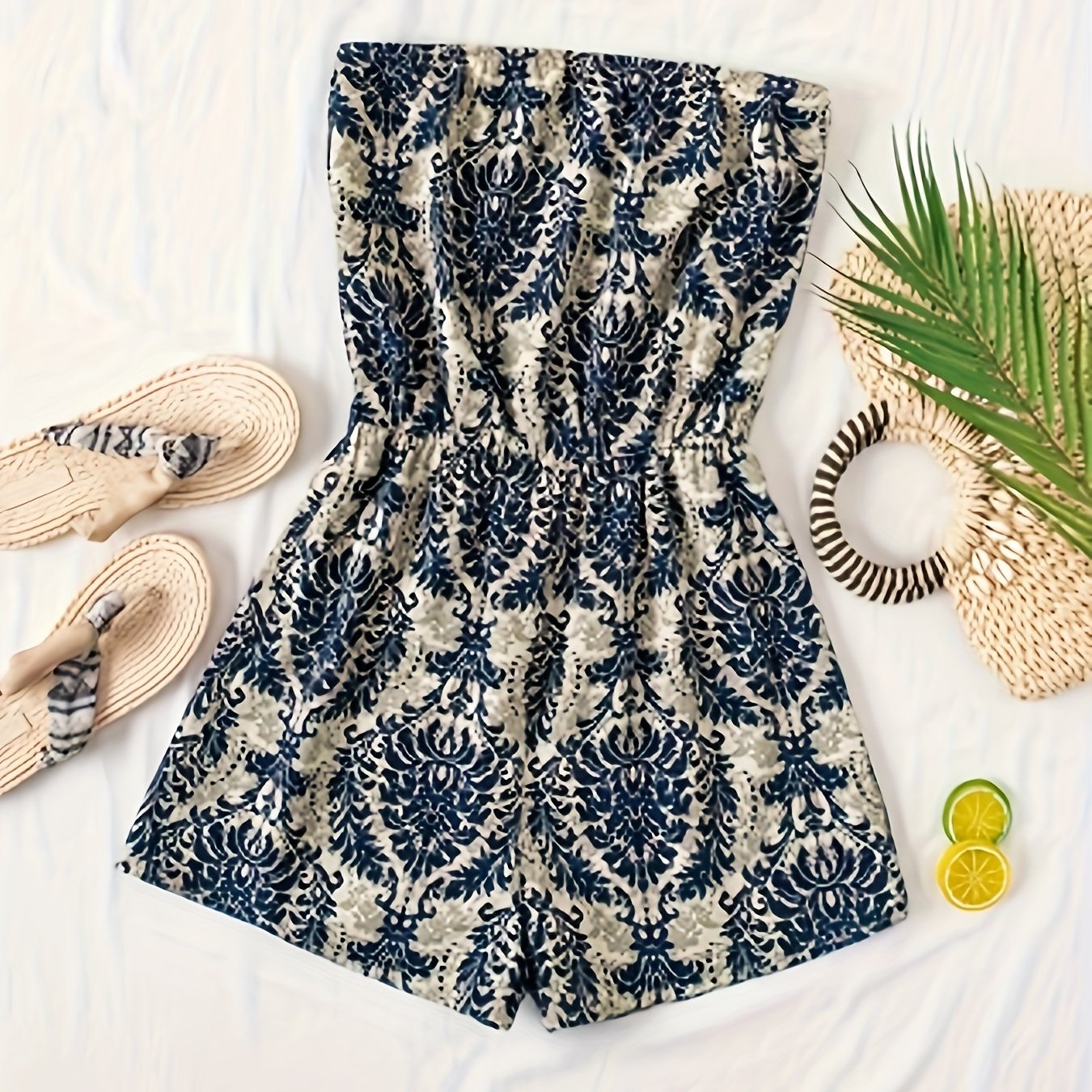 Women's Bandeau Jumpsuit with Damask Pattern – Elegant Summer Romper for Leisure and Vacation
