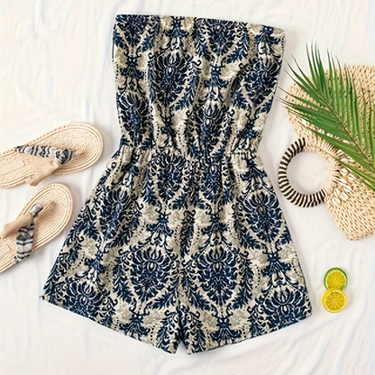 Women's Bandeau Jumpsuit with Damask Pattern – Elegant Summer Romper for Leisure and Vacation