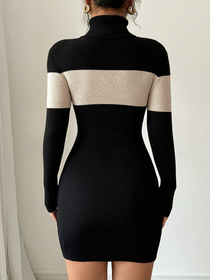 Rollkragen Strickkleid mit Blockstreifen Langarm Figurbetont