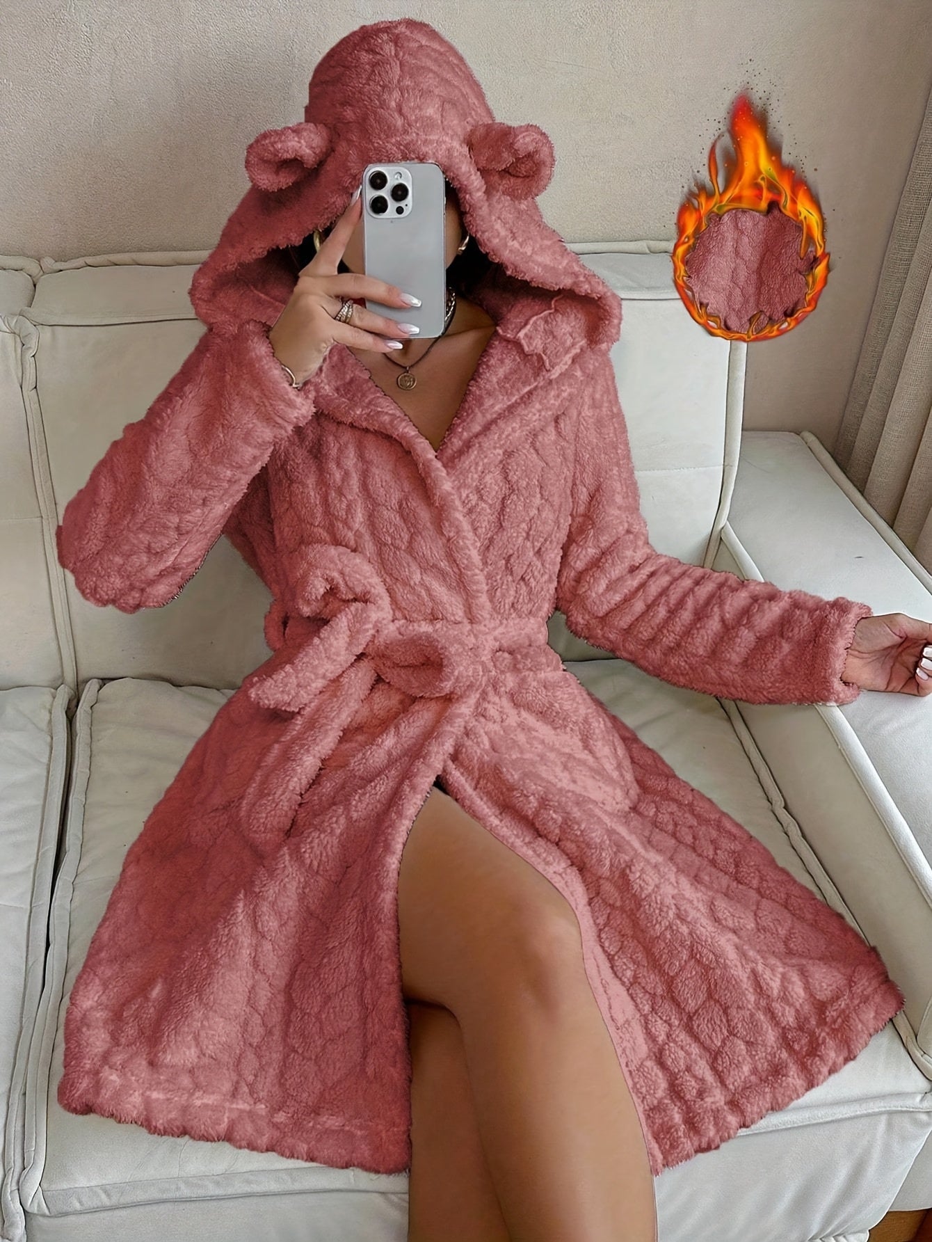 Women's long fluffy bathrobe with hood and ears, lilac purple