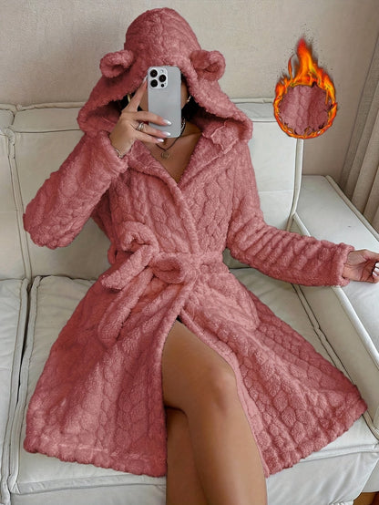 Women's long fluffy bathrobe with hood and ears, lilac purple