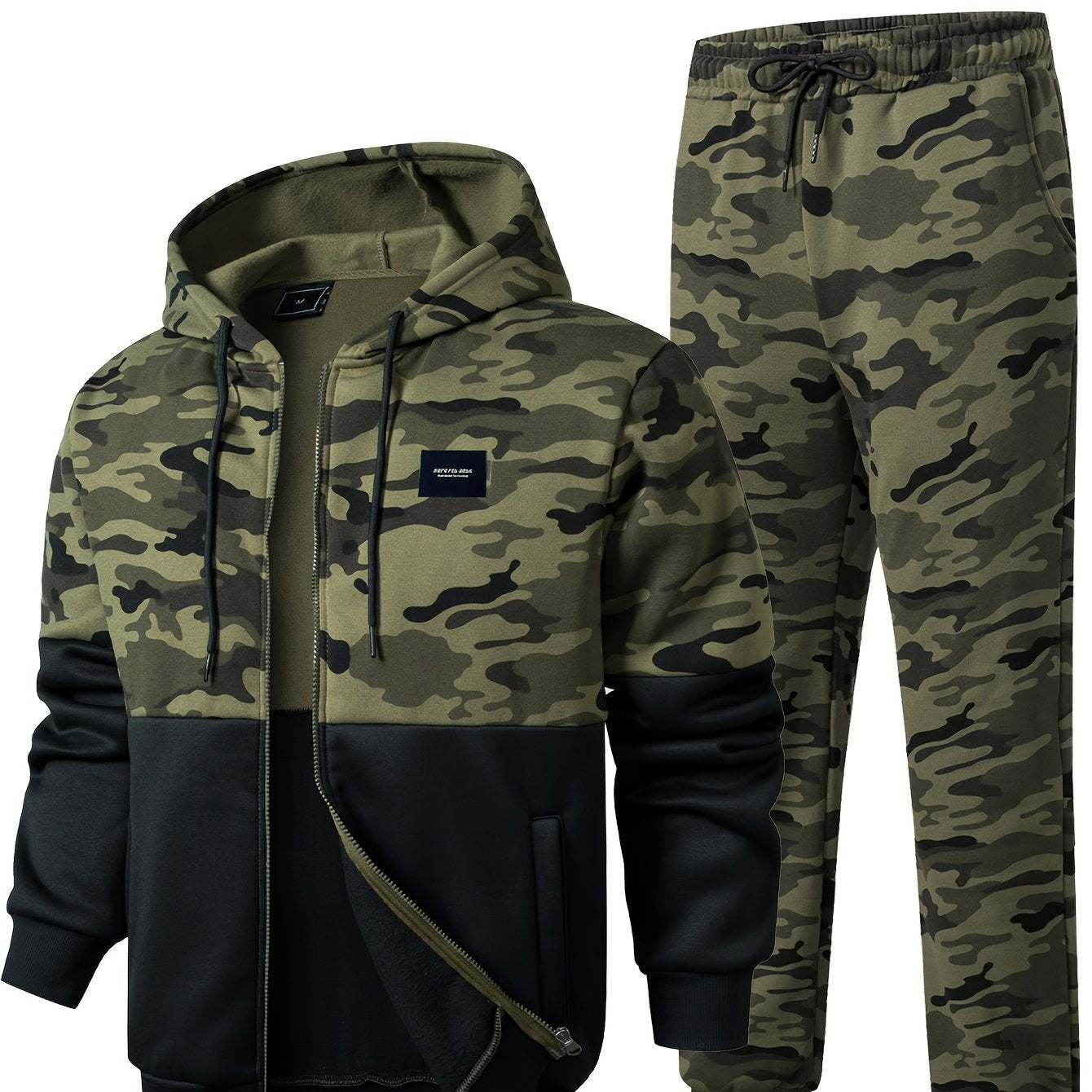 Men's camouflage tracksuit set, hooded jacket & pants, khaki green