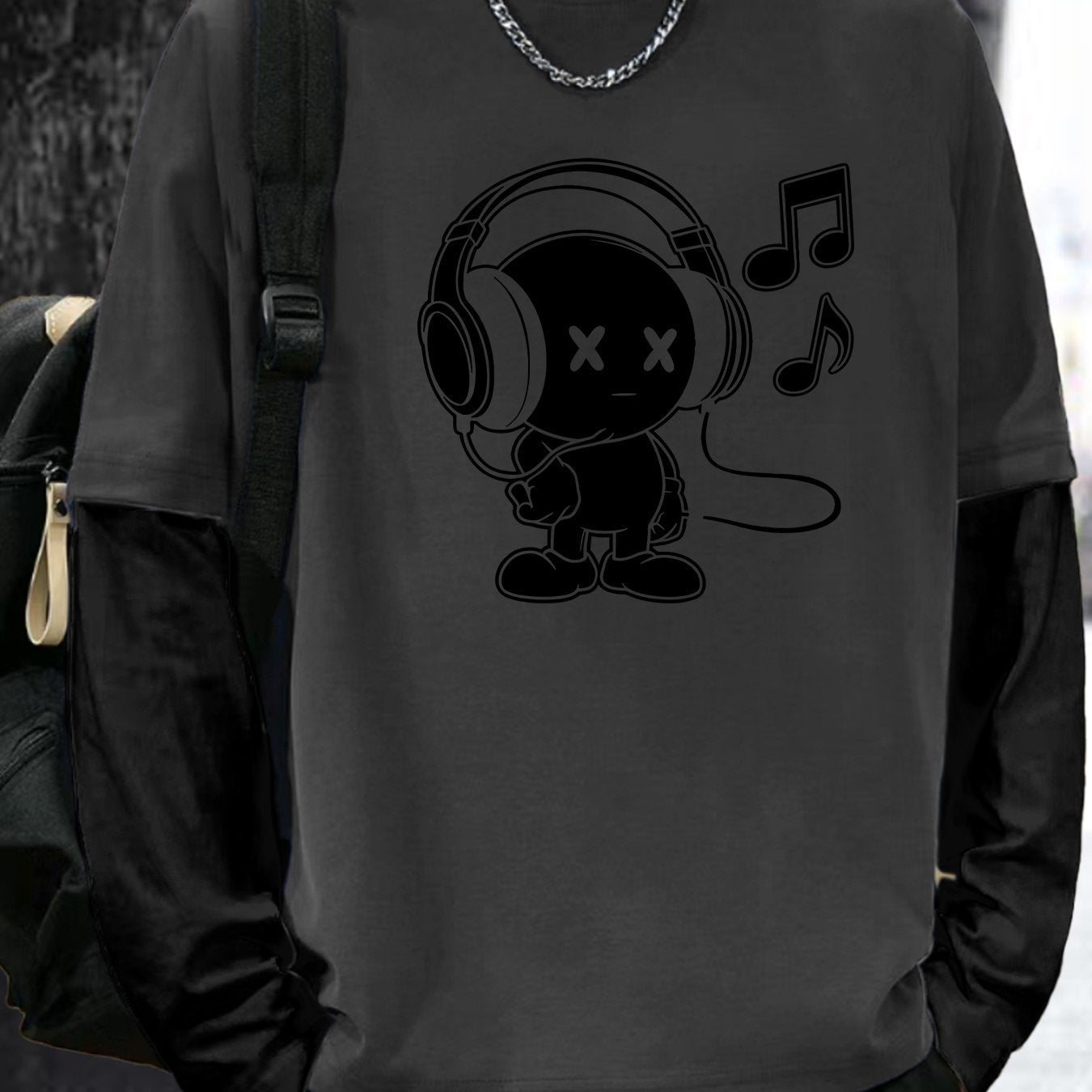 Unisex Langarmshirt mit Cartoon-Kopfhörer-Print in Layer-Optik