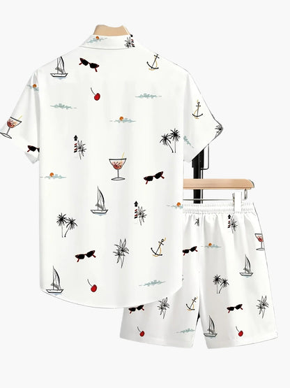 Men's Summer Casual Set with Maritime Print – Short-Sleeve Shirt and Shorts, Ideal for Beach and Vacation