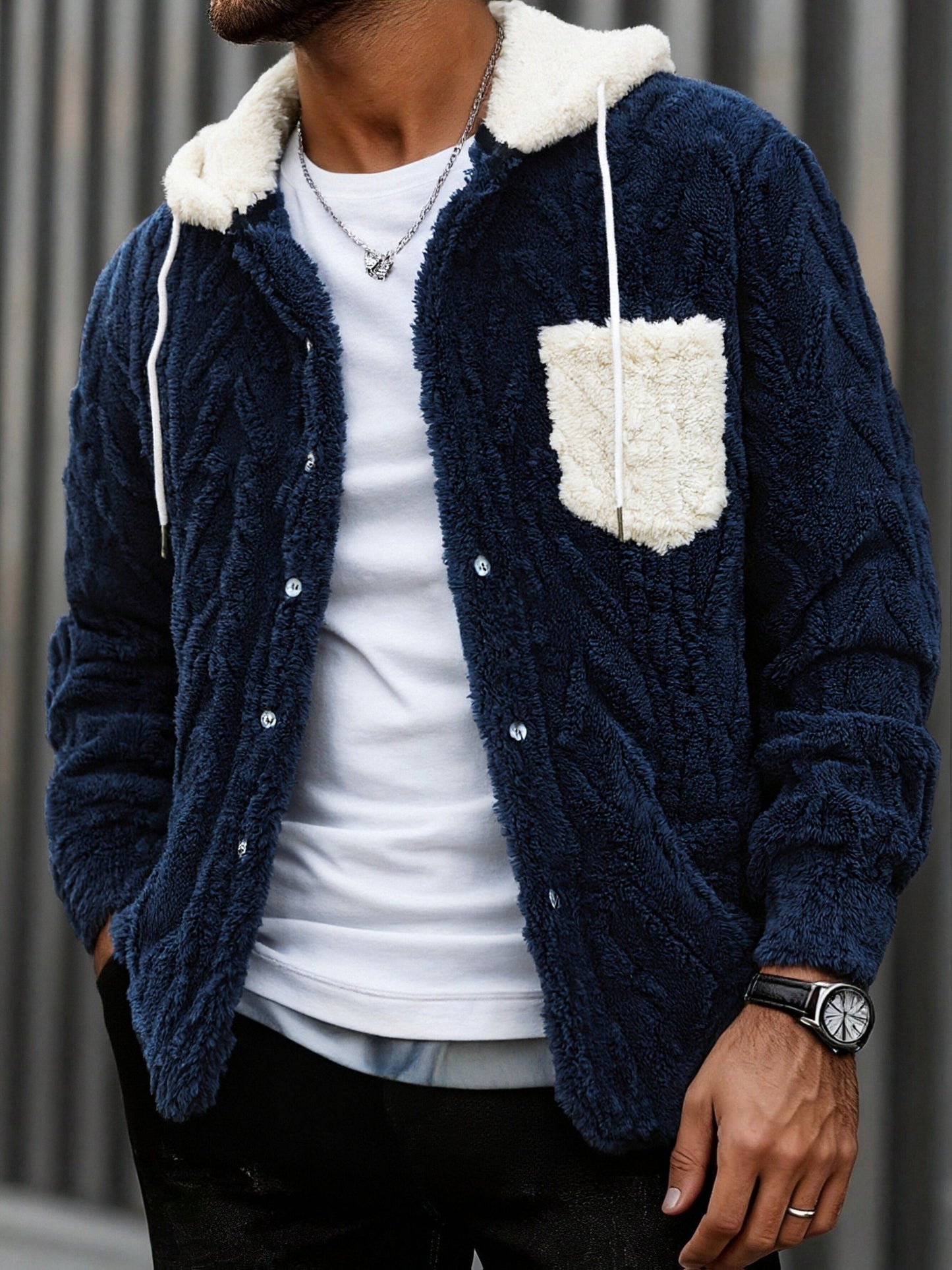 Men's teddy fleece jacket with hood and chest pocket