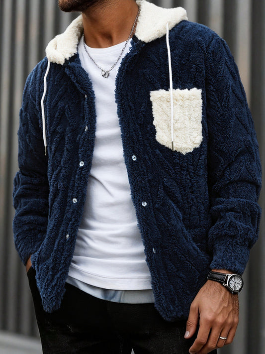 Men's teddy fleece jacket with hood and chest pocket