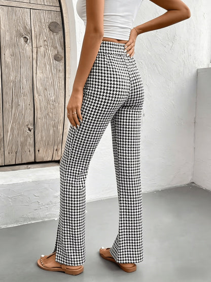 Women's Elegant Houndstooth Flared Pants with Slit – Perfect for Going Out and Everyday Wear