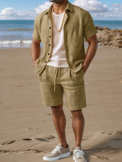 Men's Summer Set Short-Sleeve Shirt & Shorts – Casual Boho Beach Look for Vacation and Leisure