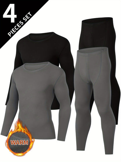 Men's thermal underwear set, 4-piece, long-sleeve shirt and leggings, black and gray