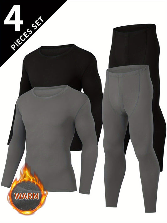 Men's thermal underwear set, 4-piece, long-sleeve shirt and leggings, black and gray