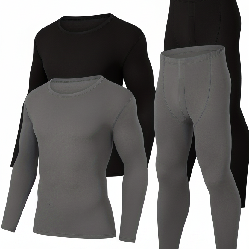 Men's thermal underwear set, 4-piece, long-sleeve shirt and leggings, black and gray