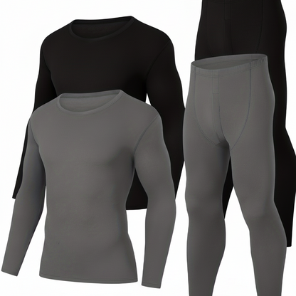 Men's thermal underwear set, 4-piece, long-sleeve shirt and leggings, black and gray