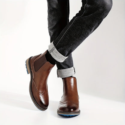 Brown Men's Chelsea Boots with Brogue Design and Elastic Inserts