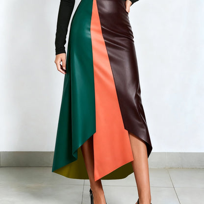 Color-block midi skirt with an asymmetrical faux-leather hem