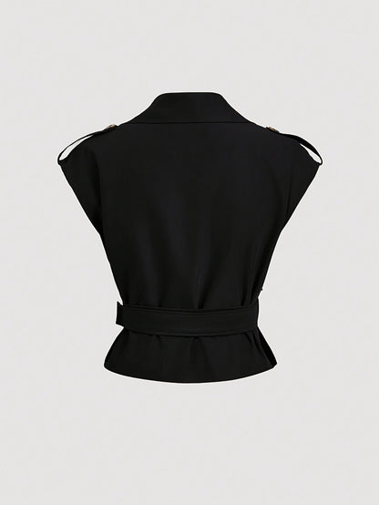 Women's Elegant Short-Sleeve Vest with Belt for Spring and Summer – Fashionable Trench Coat Style