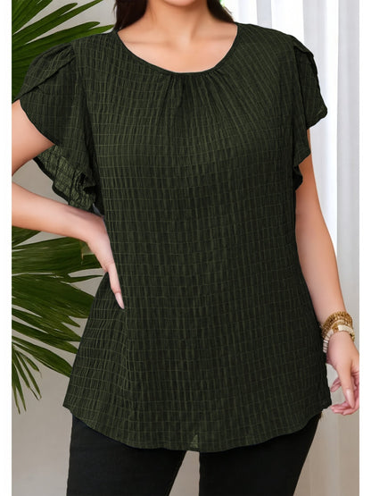 Women's Blouse Elegant Loose Summer Casual Top with Short Sleeves and Round Neckline
