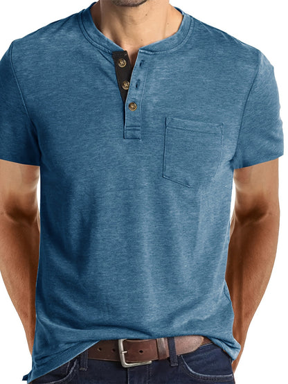 Herren Henley T-Shirt Kurzarm Casual Freizeitshirt mit Knopfleiste und Brusttasche
