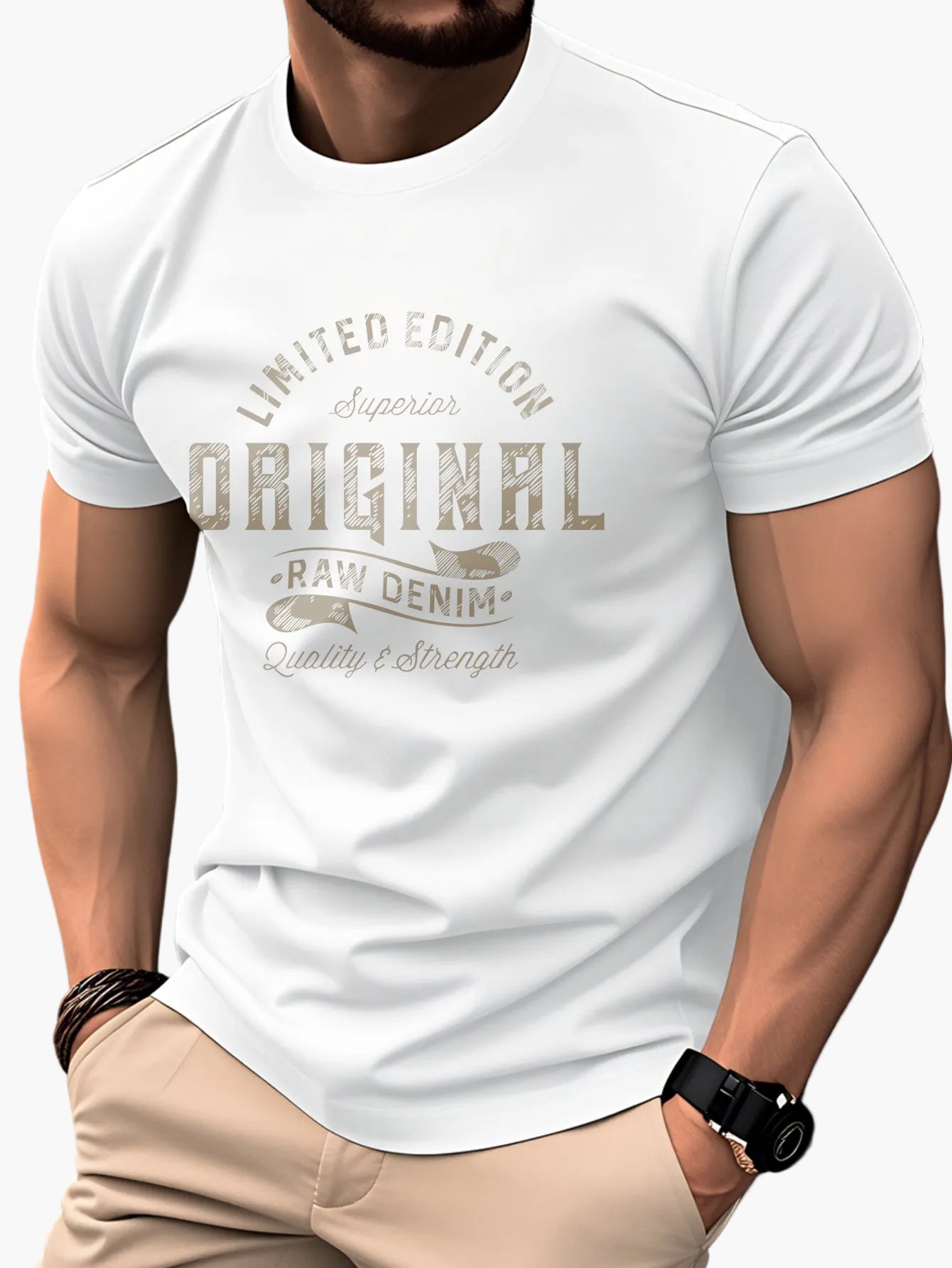 Men's T-Shirt Vintage Print Original Raw Denim – Casual, Skinny Fit